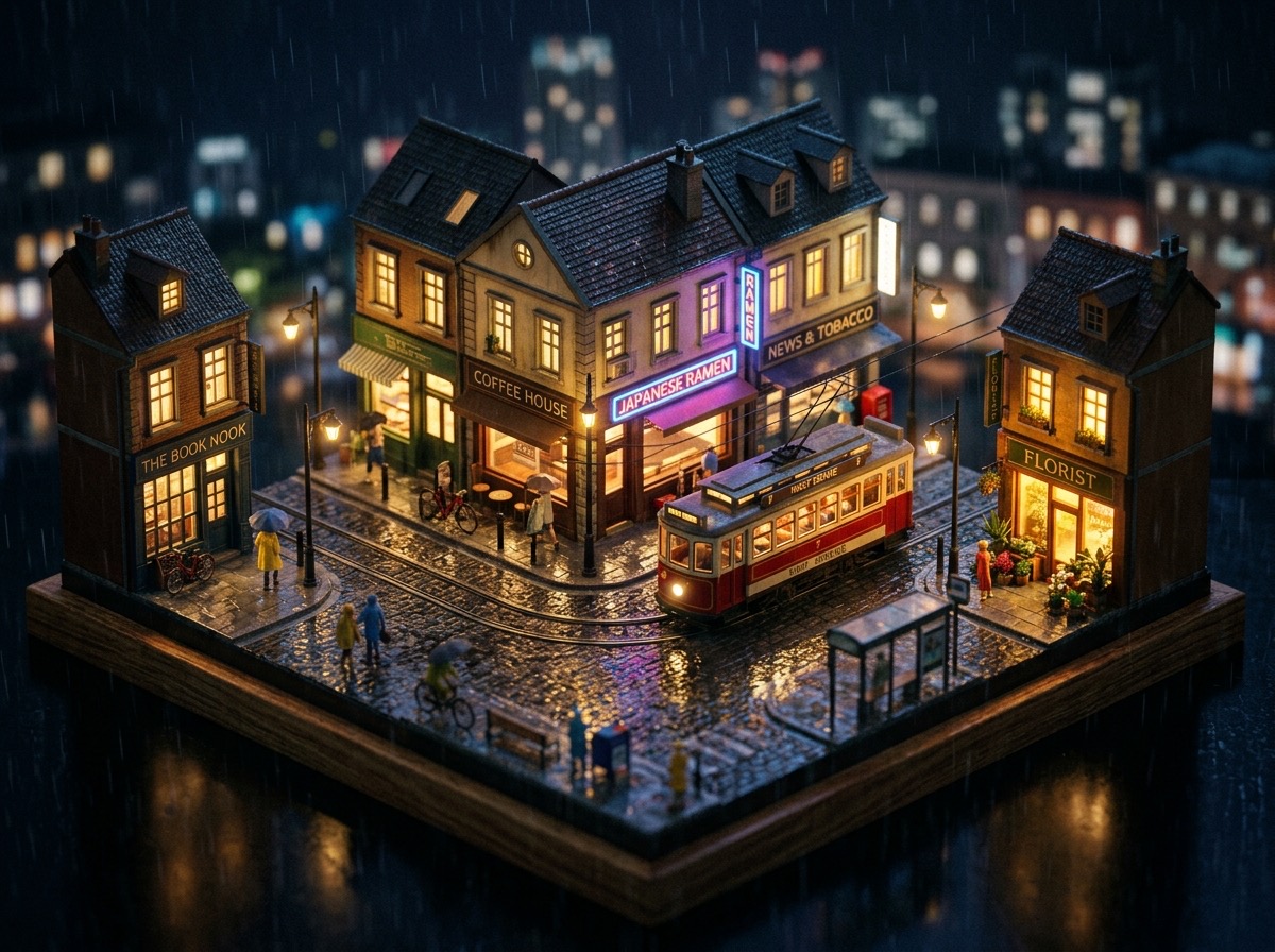 Miniature city block at night with a tram on wet streets