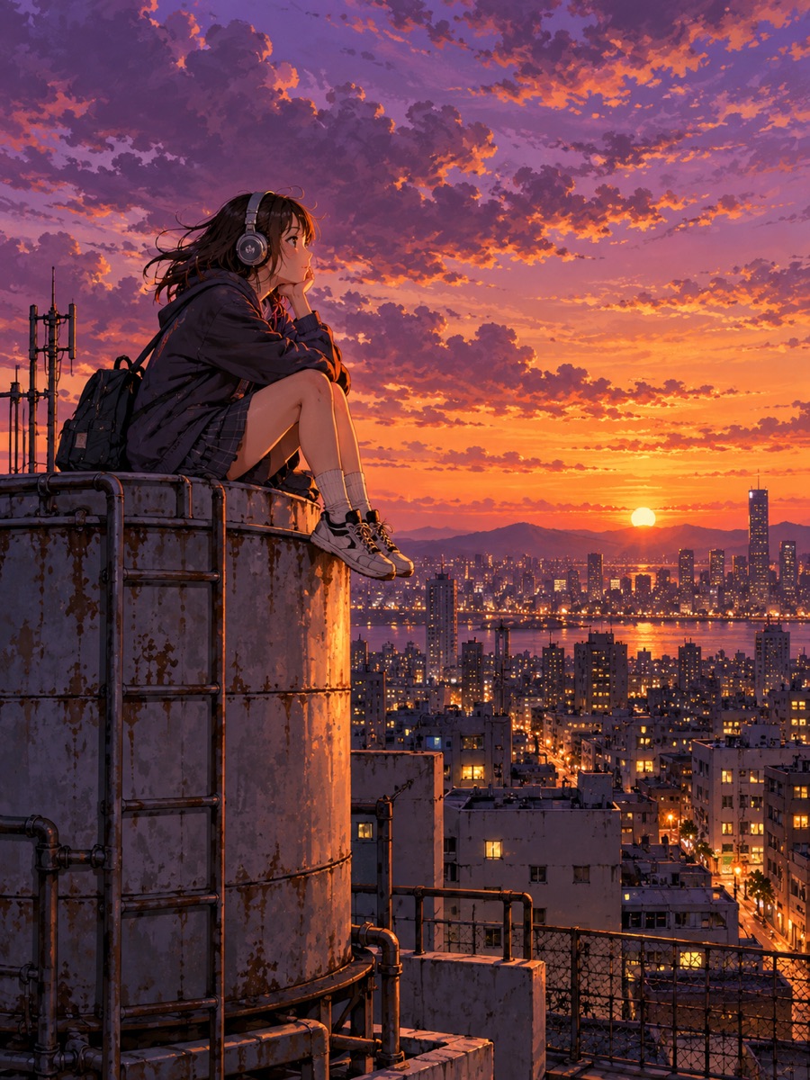 Painted girl with headphones on a rooftop at dusk