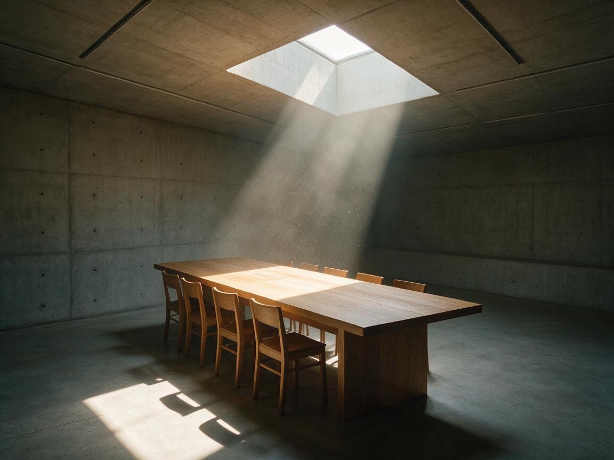 Concrete reading room with a beam of sunlight on a long table