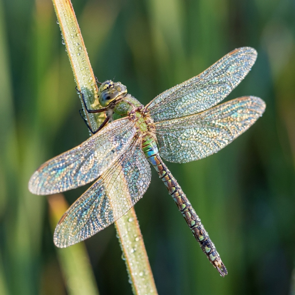 Dragonfly resting on a reed with dew drops