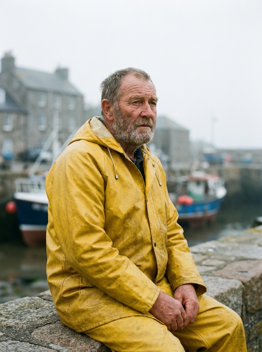 Fisherman in a yellow raincoat on a harbour wall
