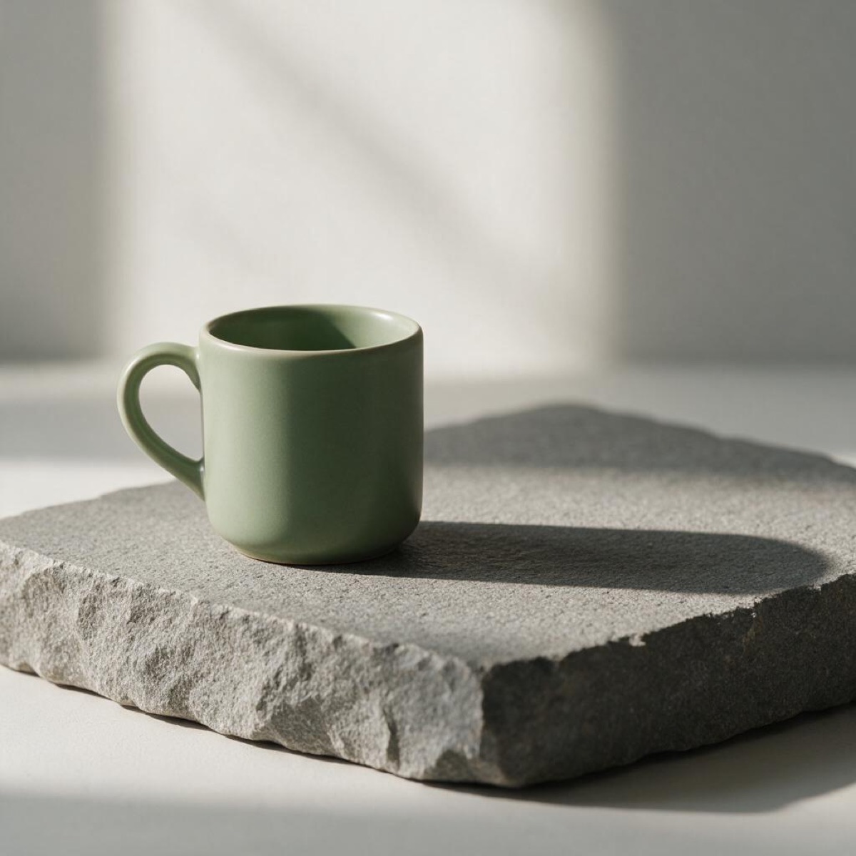Sage-green ceramic cup on a stone slab